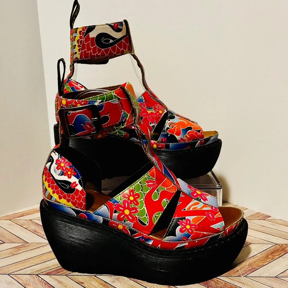 Dr Martens Bessie Wedge Platform Sandals Women 5 Floral Koi Tattoo Psychedelic